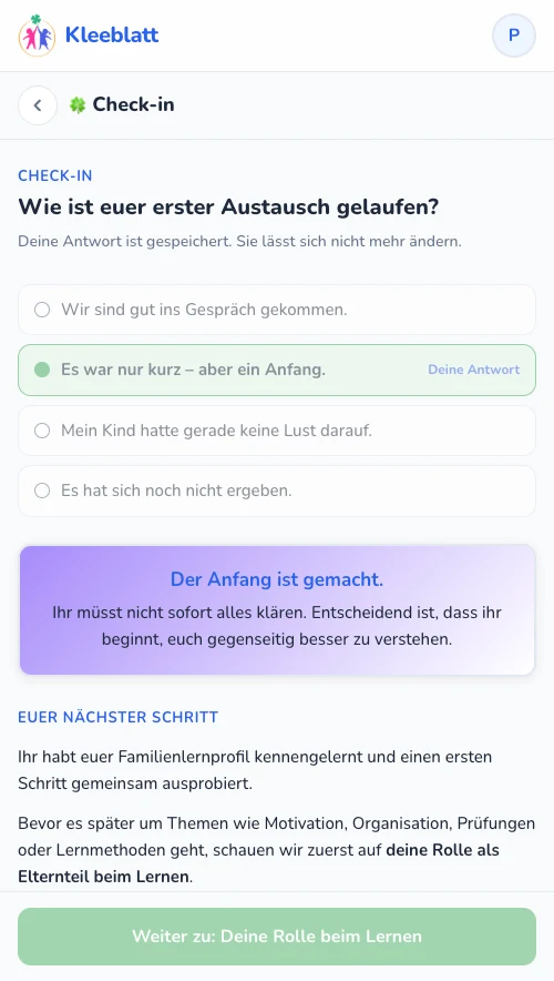 Kleeblatt App: Check-in nach dem Ausprobieren