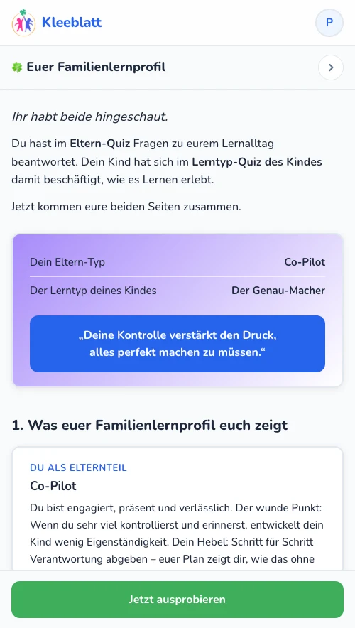 Kleeblatt App: Euer Familienlernprofil mit Eltern-Typ und Lerntyp des Kindes