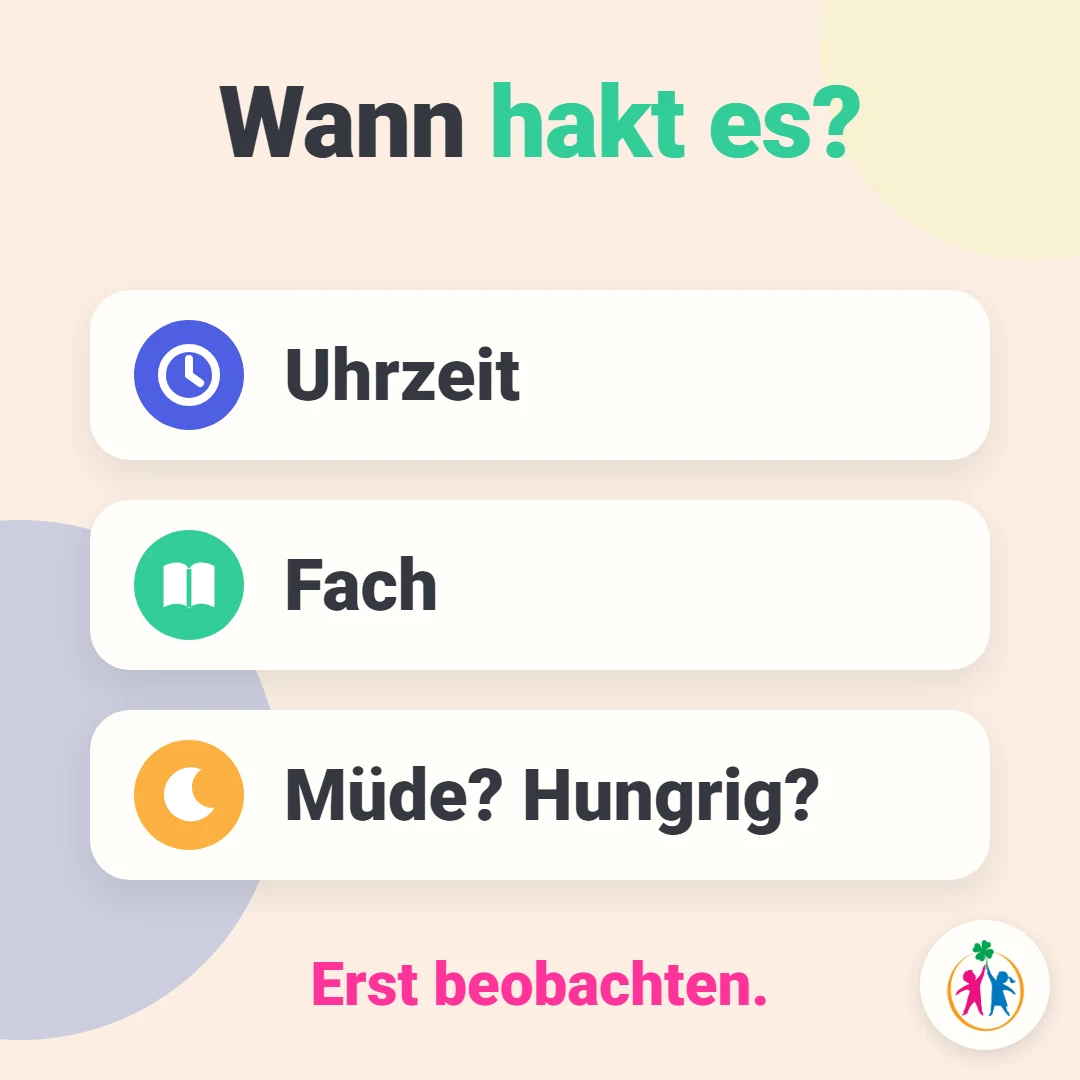 Wann hakt es? Konzentrationsprobleme beim Kind beobachten: Uhrzeit, Fach, Müdigkeit oder Hunger